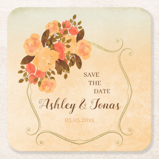 金ゴールド枠と花 スクエアペーパーコースター (正面)