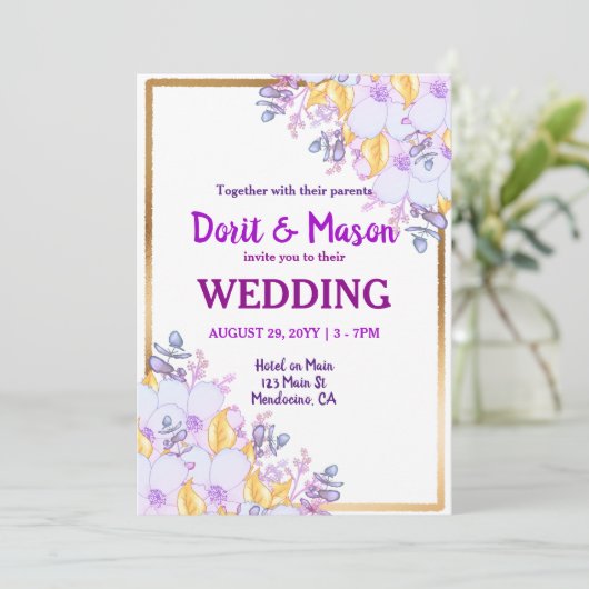 金ゴールド枠の紫と金ゴールドフローラ 招待状 (スタンド正面)