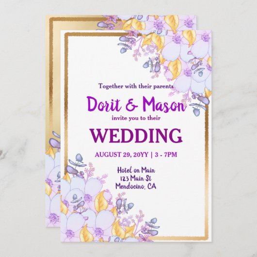 金ゴールド枠の紫と金ゴールドフローラ 招待状 (正面/裏面)