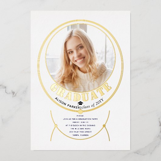 金ゴールド枠インスパイアジュエリー白卒業写真 箔招待状 (正面)
