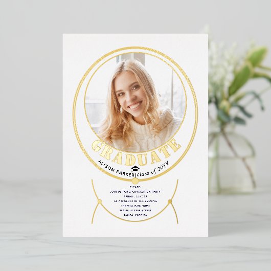 金ゴールド枠インスパイアジュエリー白卒業写真 箔招待状 (立ち正面)