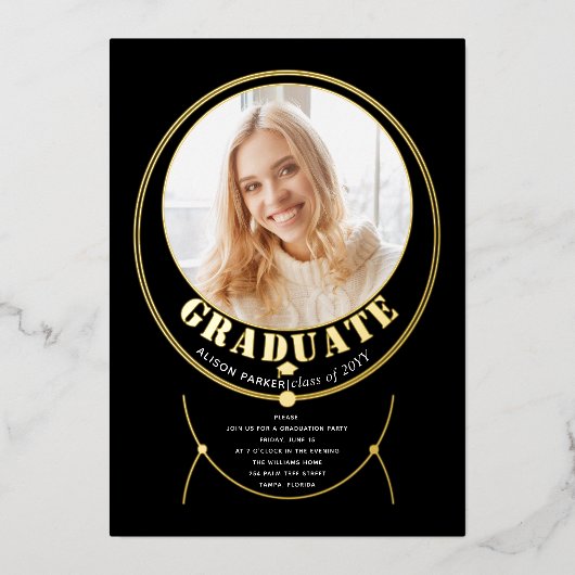 金ゴールド枠インスパイアジュエリー黒卒業写真 箔招待状 (正面)