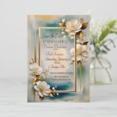 金ゴールド枠ティール(緑がかった色)背景白結婚花 セーブザデート (スタンド正面)