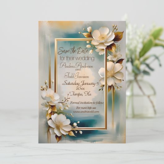 金ゴールド枠ティール(緑がかった色)背景白結婚花 セーブザデート (スタンド正面)