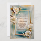 金ゴールド枠ティール（緑がかった色）背景白結婚花 招待状 (正面)