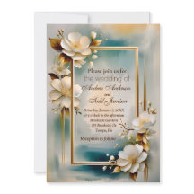 金ゴールド枠ティール（緑がかった色）背景白結婚花