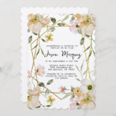 金ゴールド枠バプテスマの招待状を持つベージュの花 招待状 (正面/裏面)