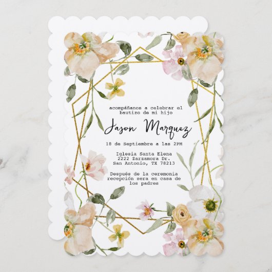 金ゴールド枠バプテスマの招待状を持つベージュの花 招待状 (正面/裏面)