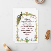 金ゴールド枠文房具華美付き孔雀 ノートカード (正面/裏面インサイチュ)