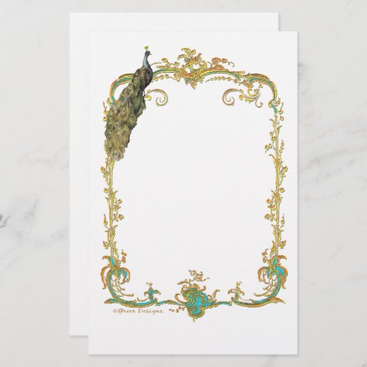 金ゴールド枠文房具華美付き孔雀 便箋 (正面/裏面)
