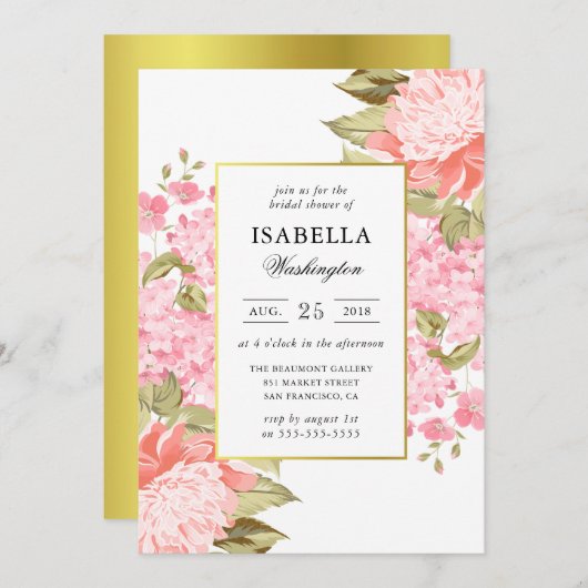 金ゴールド枠牡丹とアジサイブライダルシャワー 招待状 (正面/裏面)