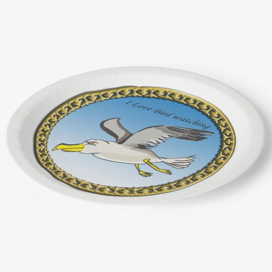 金ゴールド枠飛んでいる付きカモメ ペーパープレート (アングル)