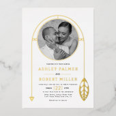 金ゴールド枠(葉と写真の白結婚の) 箔招待状 (正面)