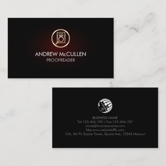 金ゴールド校正紙虫眼鏡アイコンの光彩 名刺 (正面/裏面)