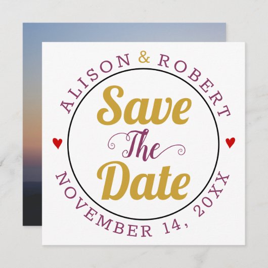 金ゴールド桑のタイポグラフィハートの背面の写真 セーブザデート (正面/裏面)