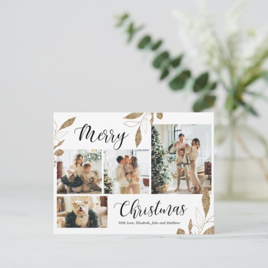 金ゴールド植物エレガント学4フォトコラージュクリスマス ポストカード (スタンド正面)