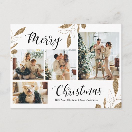金ゴールド植物エレガント学4フォトコラージュクリスマス ポストカード (正面)