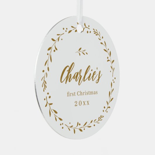 金ゴールド植物パーソナライズされたベビー初めてのクリスマス メタルオーナメント (正面右)