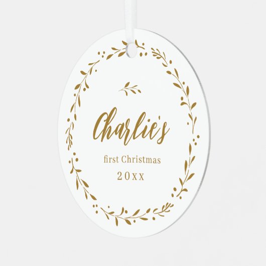 金ゴールド植物パーソナライズされたベビー初めてのクリスマス メタルオーナメント (正面左)