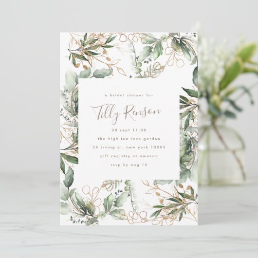 金ゴールド植物多肉性エレガントブライダルシャワー 招待状 (スタンド正面)