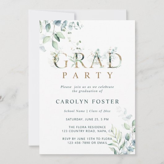 金ゴールド植物学の手紙卒業パーティーの写真 招待状 (正面)