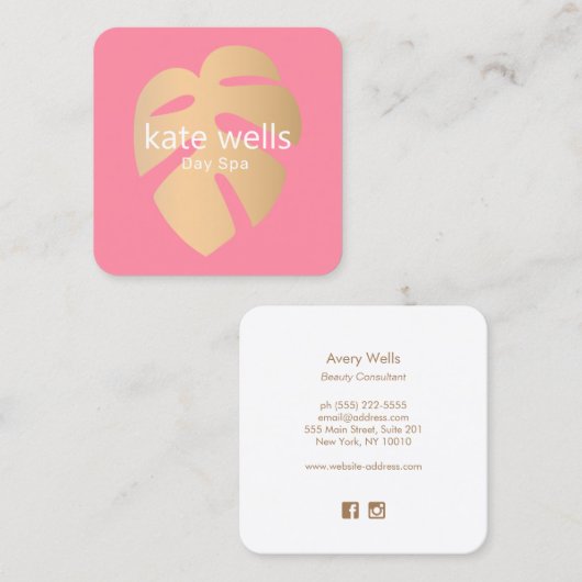 金ゴールド植物性トロピカルリーフピンク美しいスパ スクエア名刺 (正面/裏面)