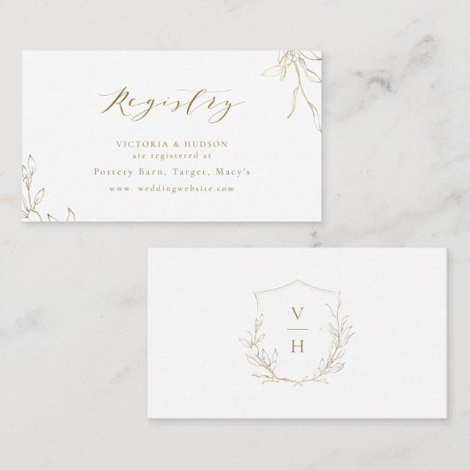 金ゴールド植物紋章モノグラムブライダル登録カード プレイスカード (正面/裏面)