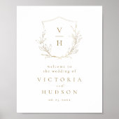 金ゴールド植物紋章結婚モノグラムの歓迎サイン ポスター (正面)