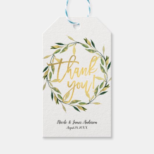 金ゴールド植物緑葉リース素朴結婚ズ ギフトタグ (正面)