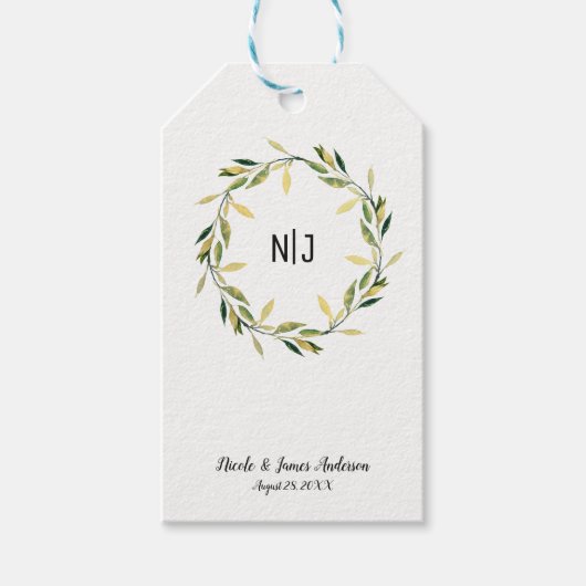 金ゴールド植物緑葉リース素朴結婚ズ ギフトタグ (正面)