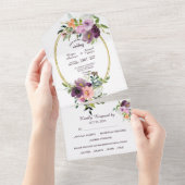 金ゴールド楕円フレームパープルピンク結婚フローラ オールインワン招待状 (貼ってはがせる)