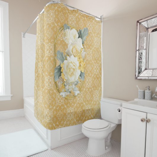 金ゴールド様々な幾何学円の繰り返しマンダラ シャワーカーテン (インサイチュ)