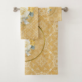 金ゴールド様々な幾何学円の繰り返しマンダラ バスタオルセット