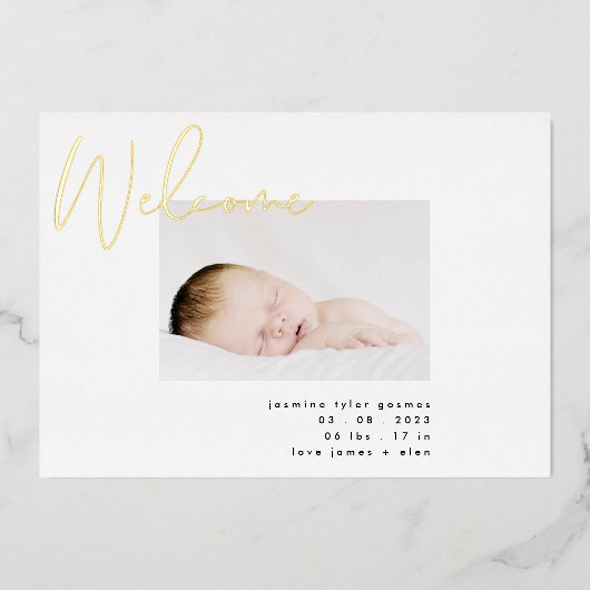 金ゴールド歓迎白黒モダンベビー発表 箔招待状 (正面)