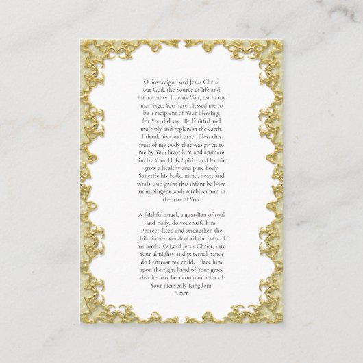 金ゴールド正教会クリスチャン妊娠祈りの言葉カード プレイスカード (裏面)