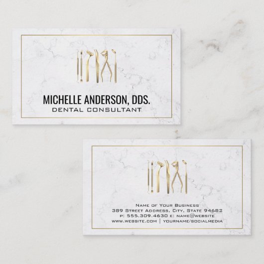 金ゴールド歯科用工具 | 大理石と金ゴールド縁ど 名刺 (正面/裏面)
