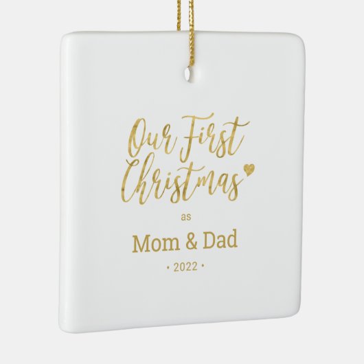 金ゴールド母とパパ親初めてのクリスマス写真 セラミックオーナメント (右)