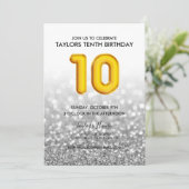 金ゴールド気球シルバーグリッター10歳誕生日パーティー 招待状 (スタンド正面)