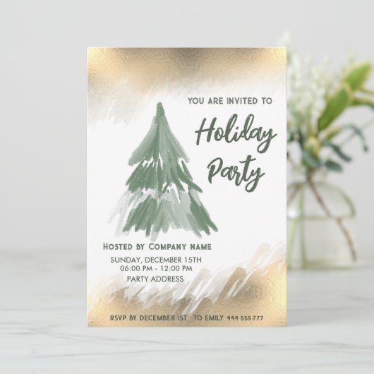 金ゴールド水の色の松の木の会社クリスマスパーティー 招待状 (スタンド正面)