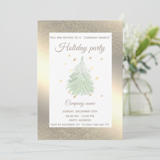 金ゴールド水の色の松の木の会社クリスマスパーティー 招待状 (スタンド正面)