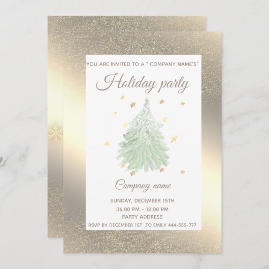 金ゴールド水の色の松の木の会社クリスマスパーティー 招待状 (正面/裏面)