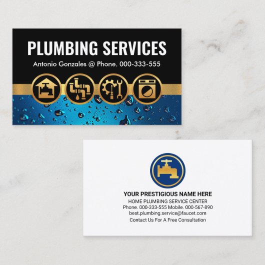 金ゴールド水上の給排水衛生設備配管アイコン 名刺 (正面/裏面)