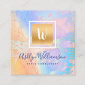 金ゴールド水彩ターコイズ紫オレンジモノグラム スクエア名刺 (正面)