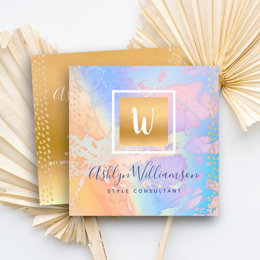 金ゴールド水彩ターコイズ紫オレンジモノグラム スクエア名刺