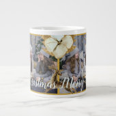 金ゴールド水彩ディアフラワーメリークリスマスフォト ジャンボコーヒーマグカップ (正面)