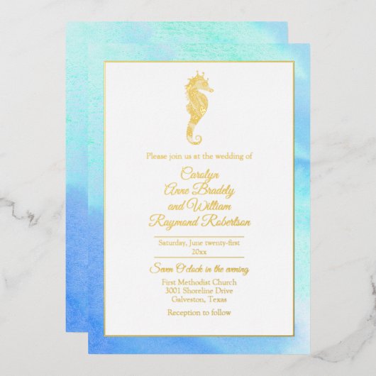 金ゴールド水彩フレーム 箔招待状 (正面/裏面)