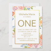 金ゴールド水彩フローラ第1誕生日 招待状 (正面)