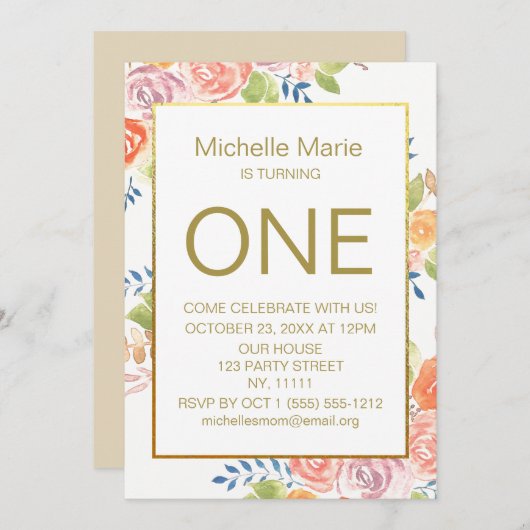 金ゴールド水彩フローラ第1誕生日 招待状 (正面/裏面)