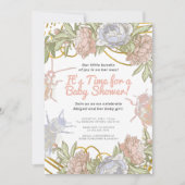 金ゴールド水彩フローラ&緑の女の子ベビーシャワー 招待状 (正面)