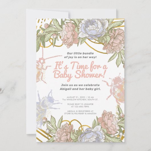 金ゴールド水彩フローラ&緑の女の子ベビーシャワー 招待状 (正面)